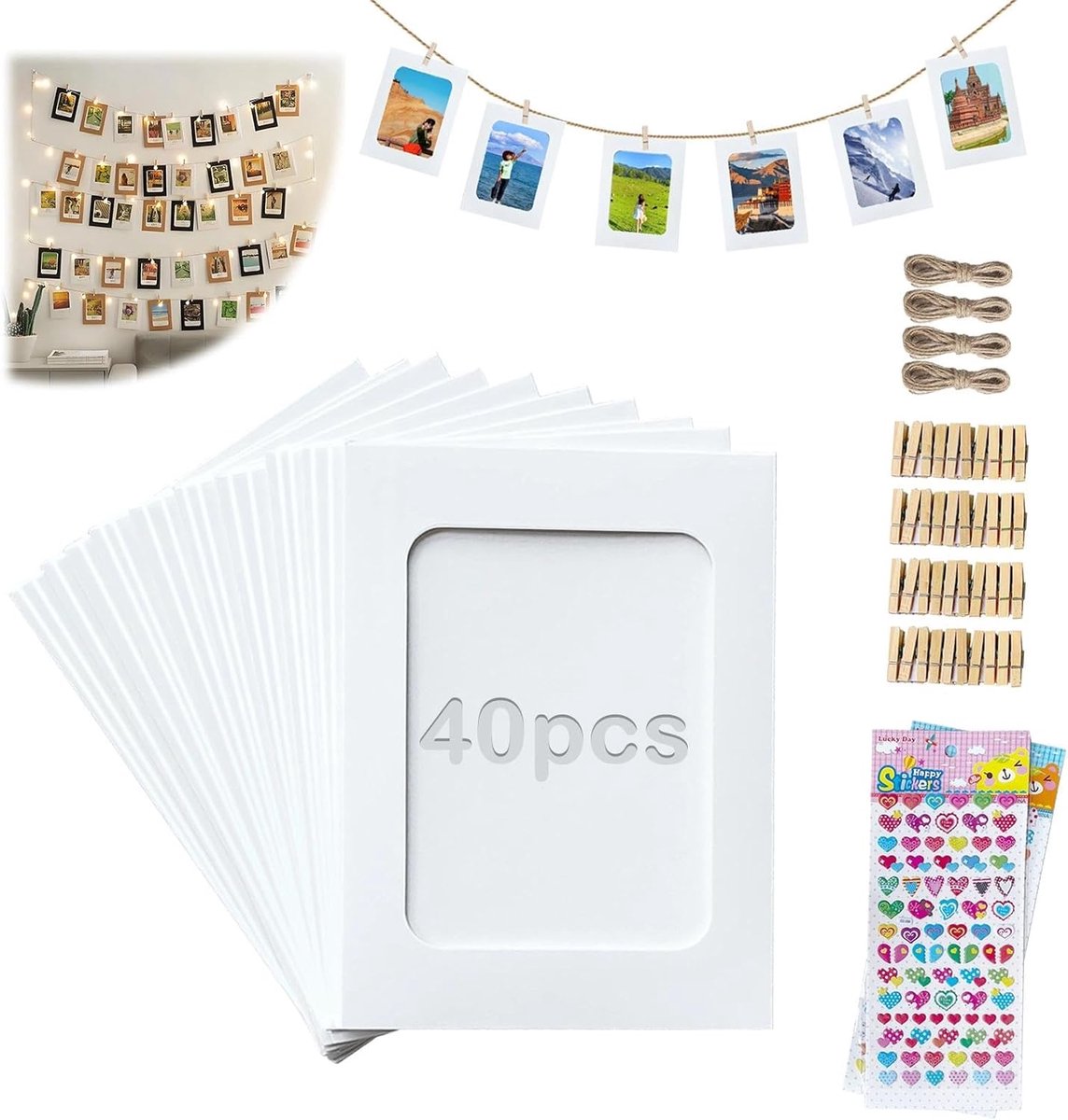 Fotogirlande met Klemmen - Foto Slinger - Feestdecoratie - 40 Delige Set - 114 x 155cm - Wit