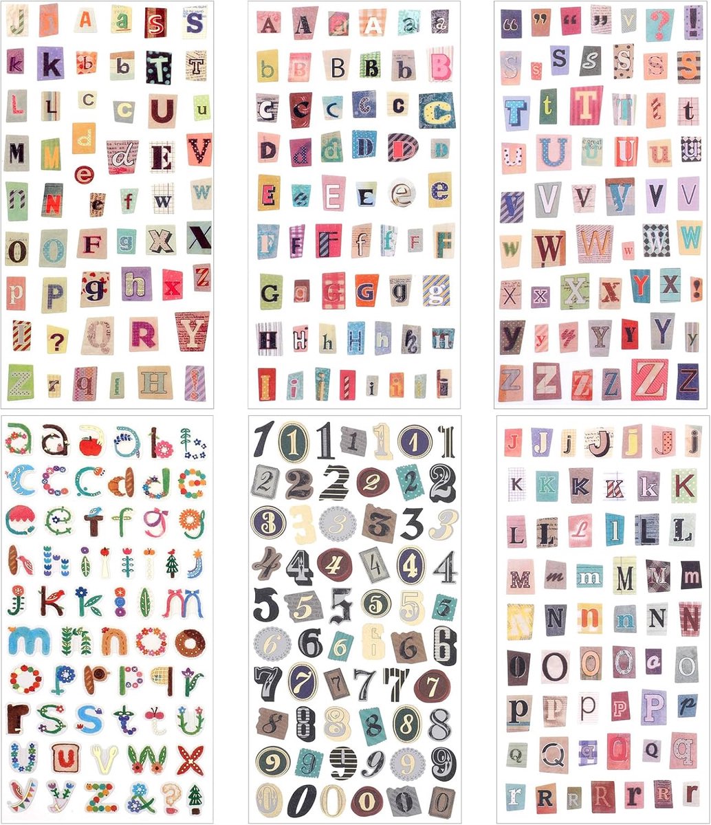 SnelShoppen - 6 Vellen Zelfklevende Letterstickers, Vintage Retro Stickers, Journaling, Scrapbook, Meerkleurige Hoofdletters, Cijfers en Symbolen voor