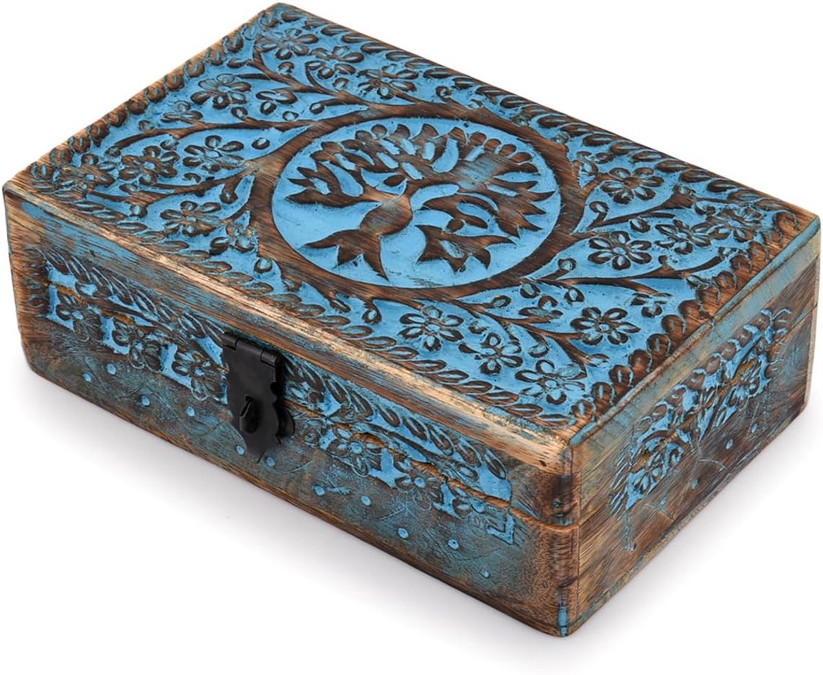 SnelShoppen - Handgemaakte Blauw Mango Houten Sieradenbox met Handgegraveerde Levensboom | Decoratieve Opbergdoos voor Thuis | Vintage Design 20x12x6