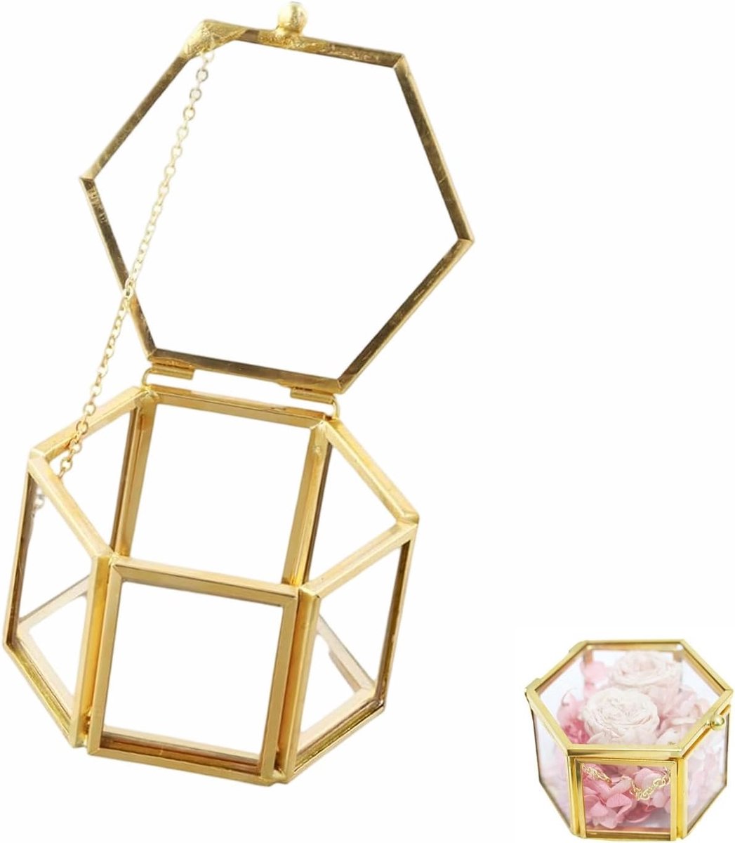 SnelShoppen - Geometrische Glazen Sieradenbox Goud - Vintage Schatulle voor Oorbellen, Ringen en Armbanden - 7,5 x 6,5 x 4,5 cm - Perfect voor Feest e