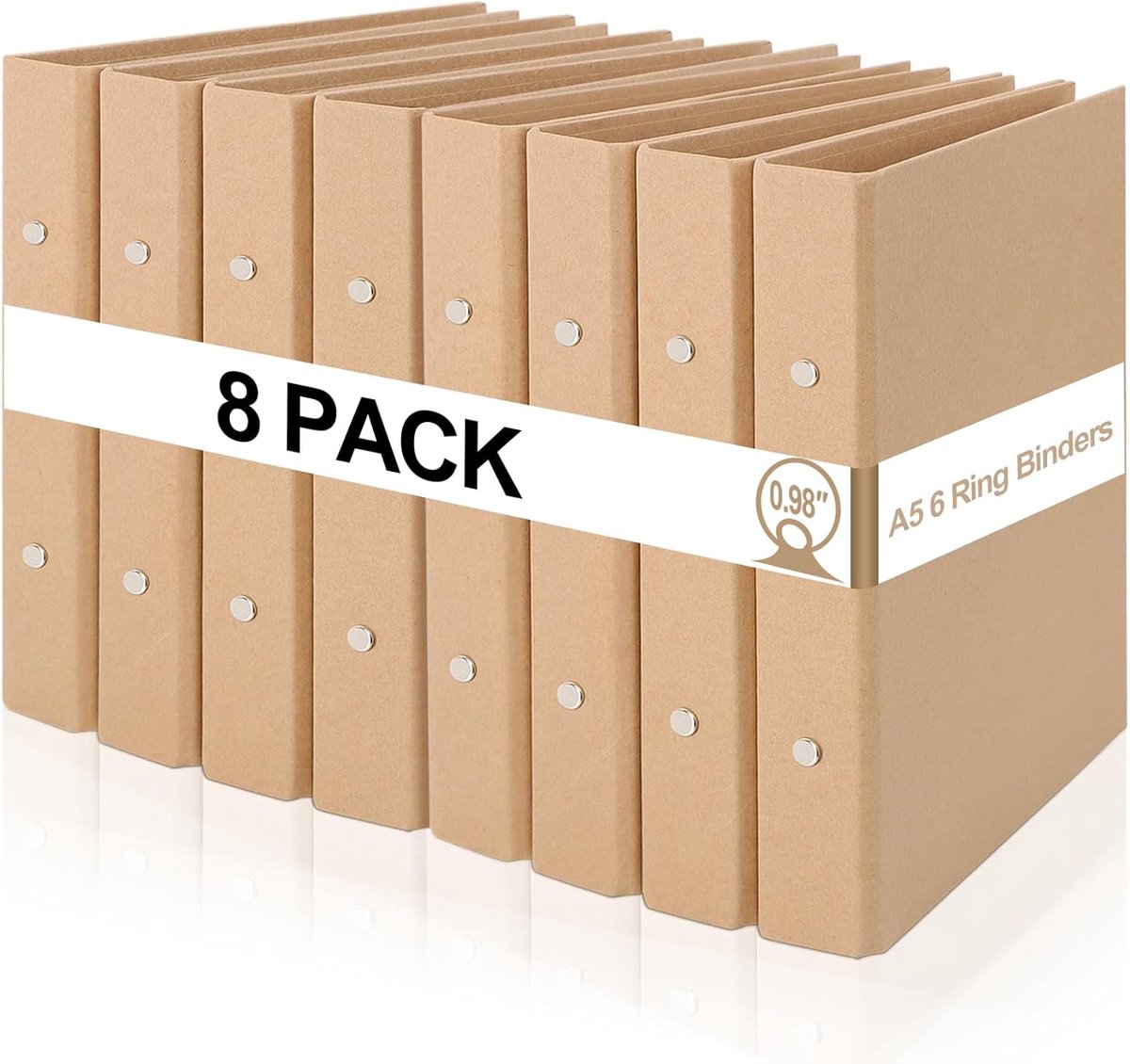 SnelShoppen - 8 Stuks A5 Ringbanden Navullbaar Kraftpapier, 6-Rings Binder voor Brochures, Loose Sheets, Kantoor en School, 233 x 175 mm, 38 mm Dikte