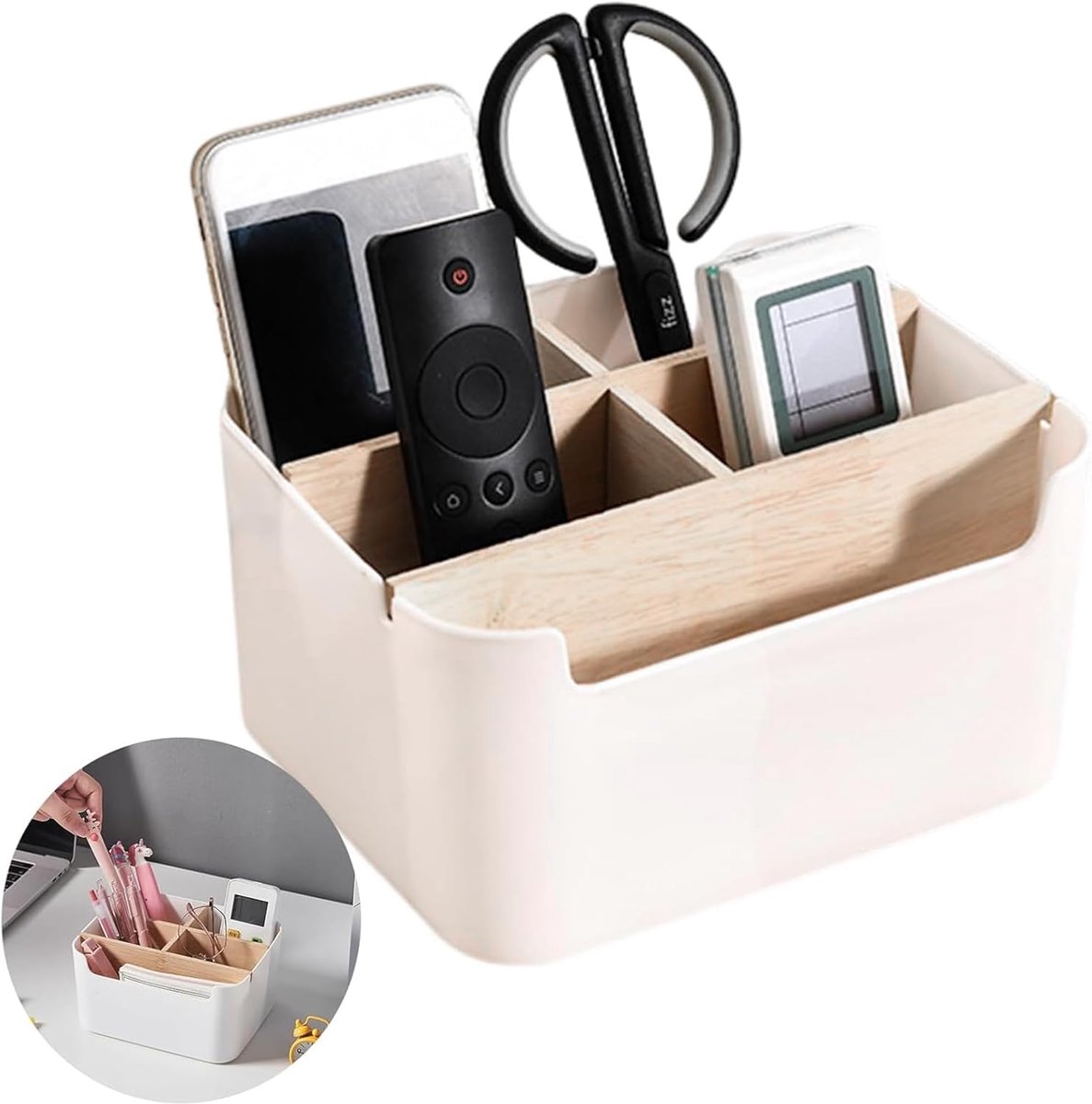 SnelShoppen - Houten Bureau Organiser Met 5 Compartimenten, Multifunctionele Desk Pen Houder, Removable Compartments, Eco-vriendelijk Hout, Ideaal Voo