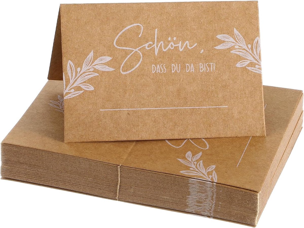SnelShoppen - Pack van 50 Kraft Papieren Tafelkaarten - Schön Dass Du Da Bist - 110 x 85 mm - Perfect voor Bruiloften, Verjaardagen, Feesten - Zelf In