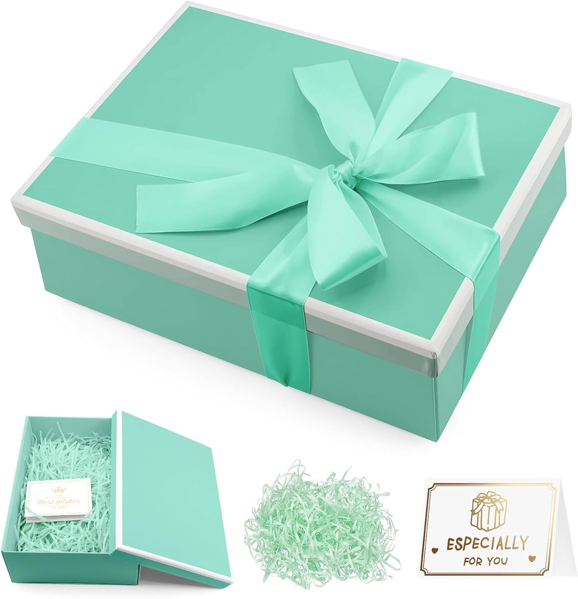 SnelShoppen - Luxe Cadeau Doos met Deksel 25 x 18 x 9 cm, Grote Verjaardagscadeau Doos met Strikken, Wenskaarten en Raffia voor Valentijnsdag, Kerst,