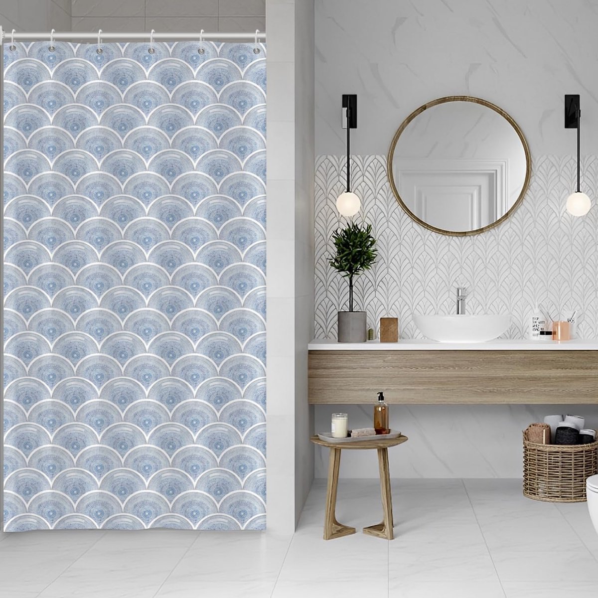 SnelShoppen - Moderne Geometrische Blauw Witte Douchegordijn 120x200cm, Waterdicht Polyester met Bloemenpatroon, Inclusief 8 Haakjes, Perfect voor Bad