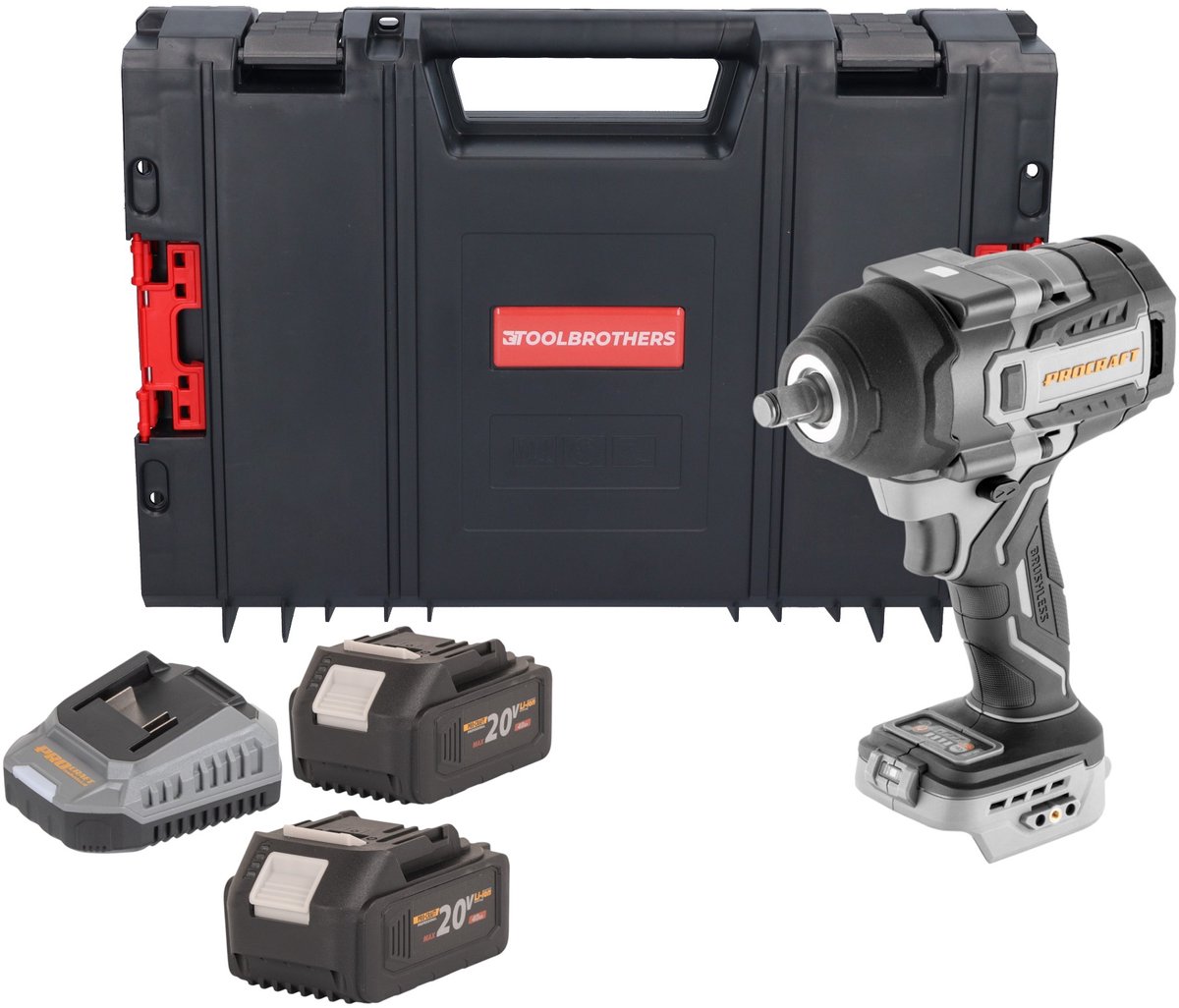 ProCraft Industrial IW850A-BB accu-slagmoersleutel 20 V 850 Nm 1/2" borstelloos + 2x accu 4,0 Ah + oplader + RHINO-gereedschapskoffer