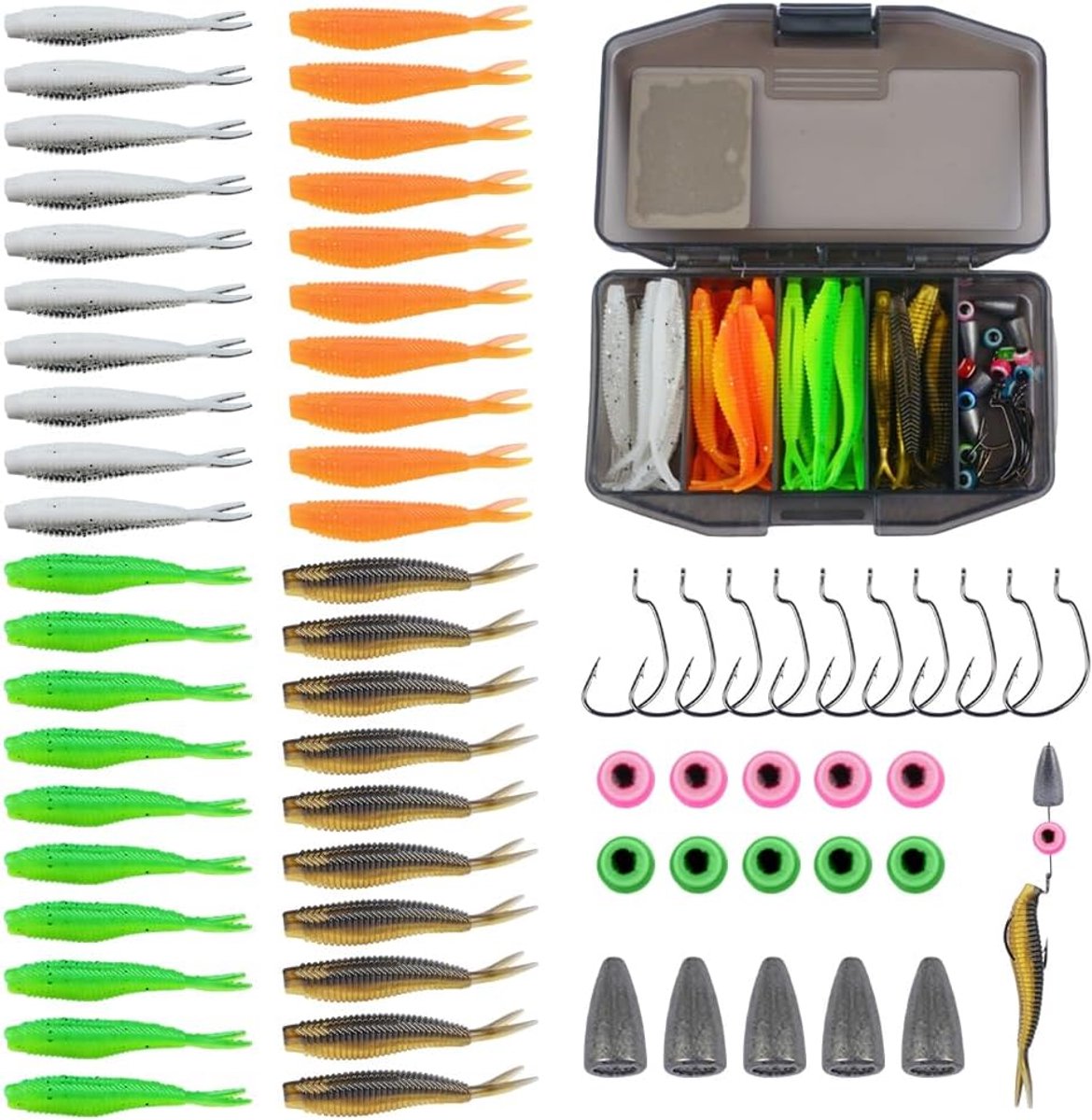 SnelShoppen - 66 Pcs Rubber Fishing Bait met Lepel, Vissen Lures Accessoires met Jig Heads, Rubber Bait voor Snoek, Baars en Zander, Inclusief Opbergd