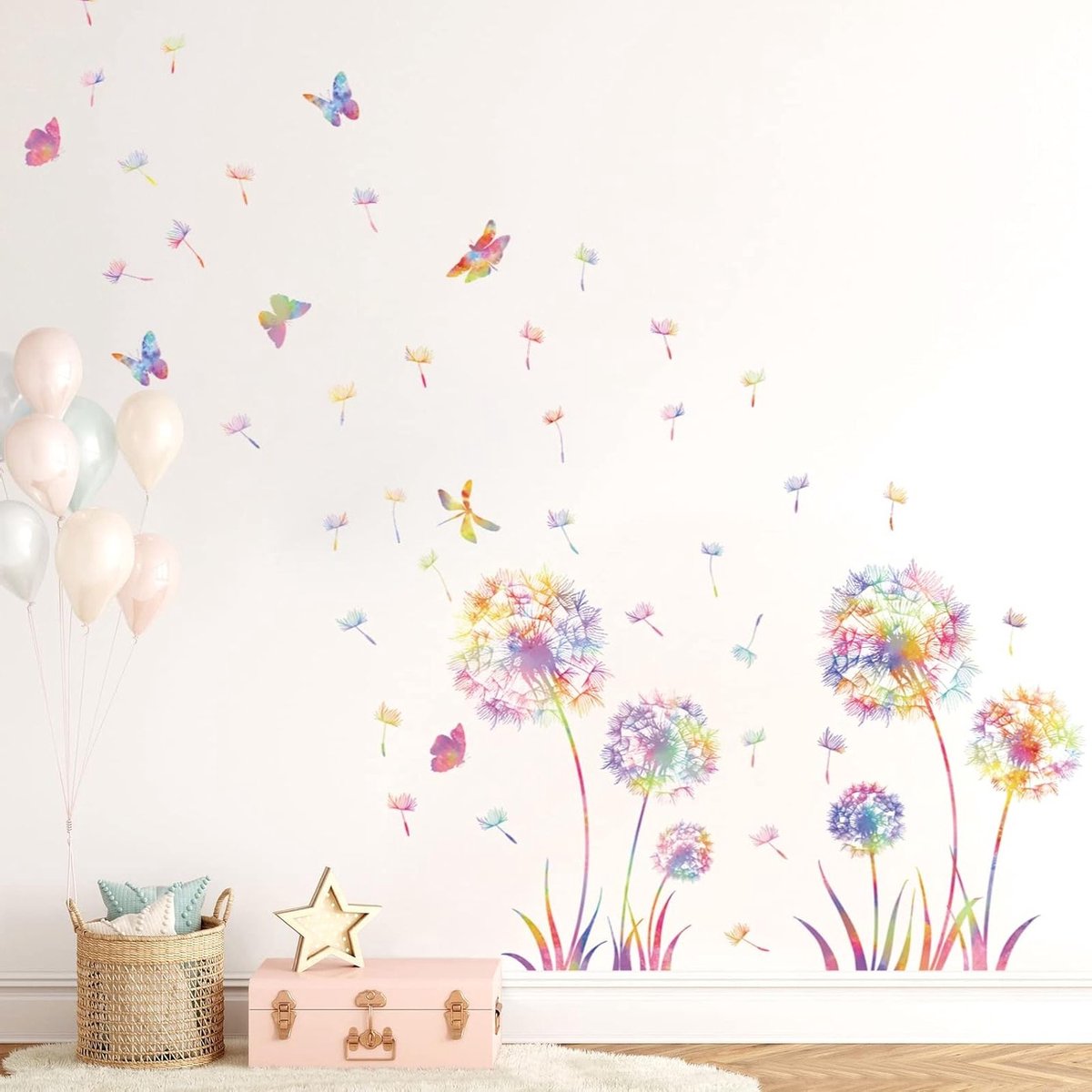 Kleurvolle Dandelion Wanddecoratie voor Kinderkamer, Slaapkamer en Woonkamer - Planten en Bloemen Muurstickers voor een Speelse Sfeer
