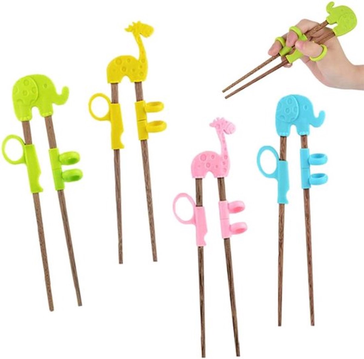 Trainingseetstokjes voor kinderen - Set van 4 paar, Herbruikbaar, Dieren-design - Olifant, Giraf, Ergonomisch leren gebruiken.