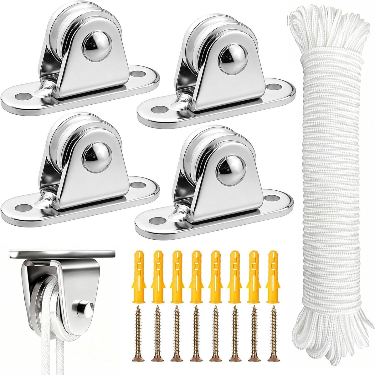 Set van 4 RVS Katrollen met 50 m Touw, 5 mm voor Binnen en Buiten Gebruik, Ideaal voor Tuin en Zeilen