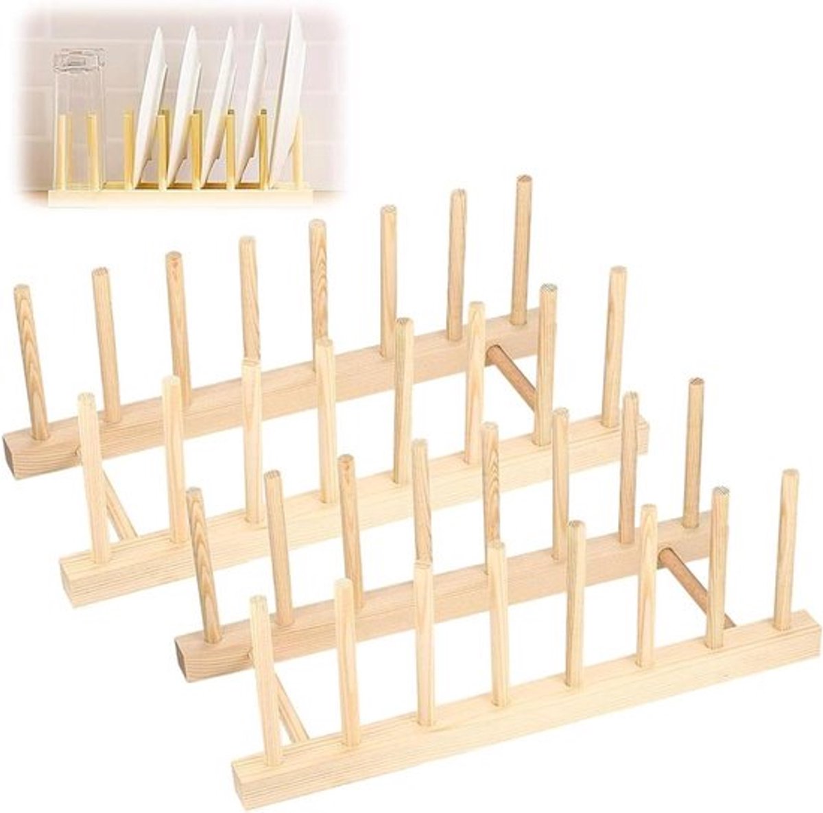 Houten Bordenstandaard - Afdruiprek en Pannendekselhouder - Snijplankhouder - Bordenrek voor Keuken - Camper - 7 Borden en Pannenorganizers