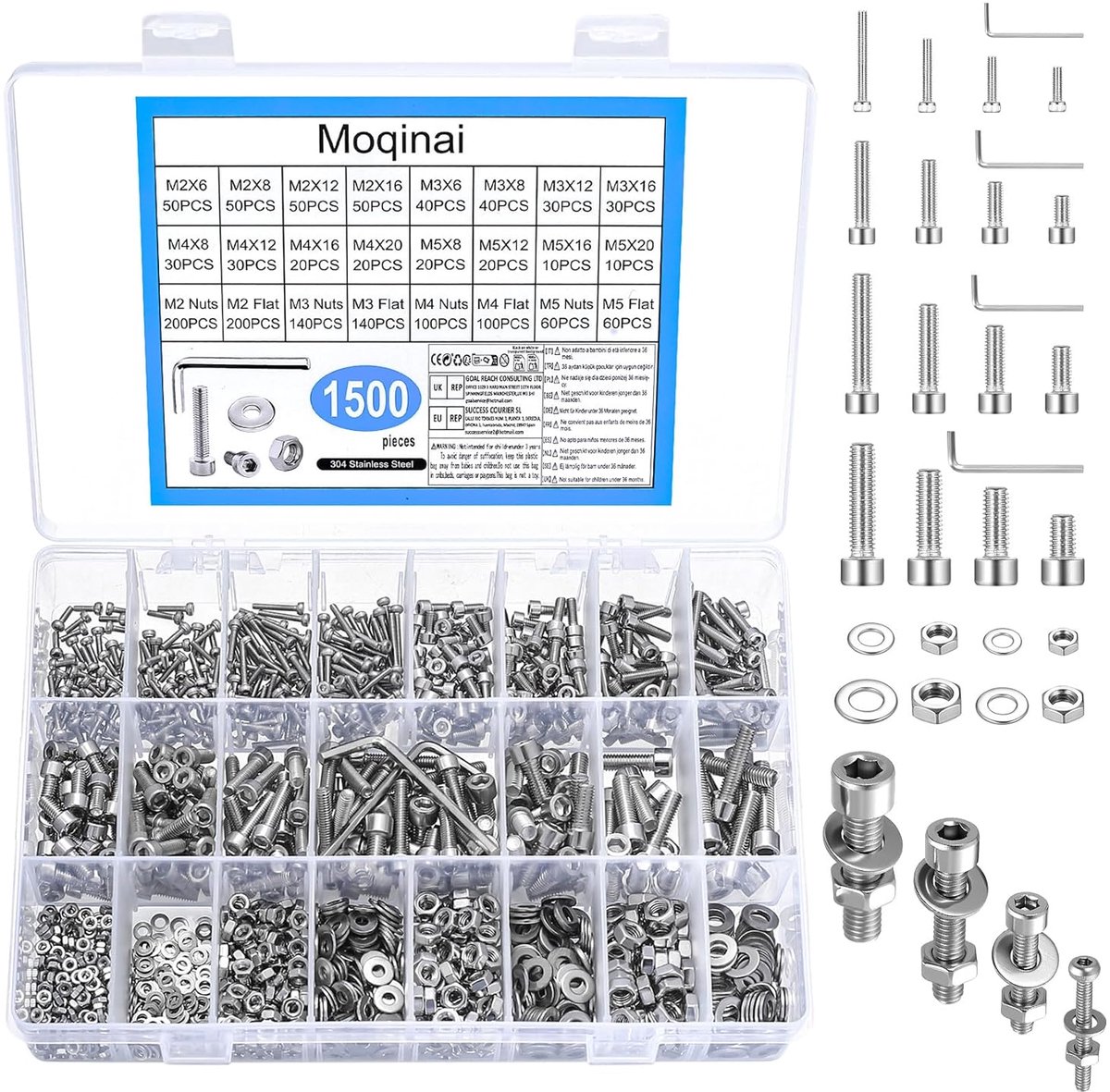 SnelShoppen - 1500pcs M2 M3 M4 M5 Schroeven Set, RVS 304 Cilinderkop Hex Inbusschroeven, Inclusief Moeren en Ringen, Machine Schroeven en Draadassorti