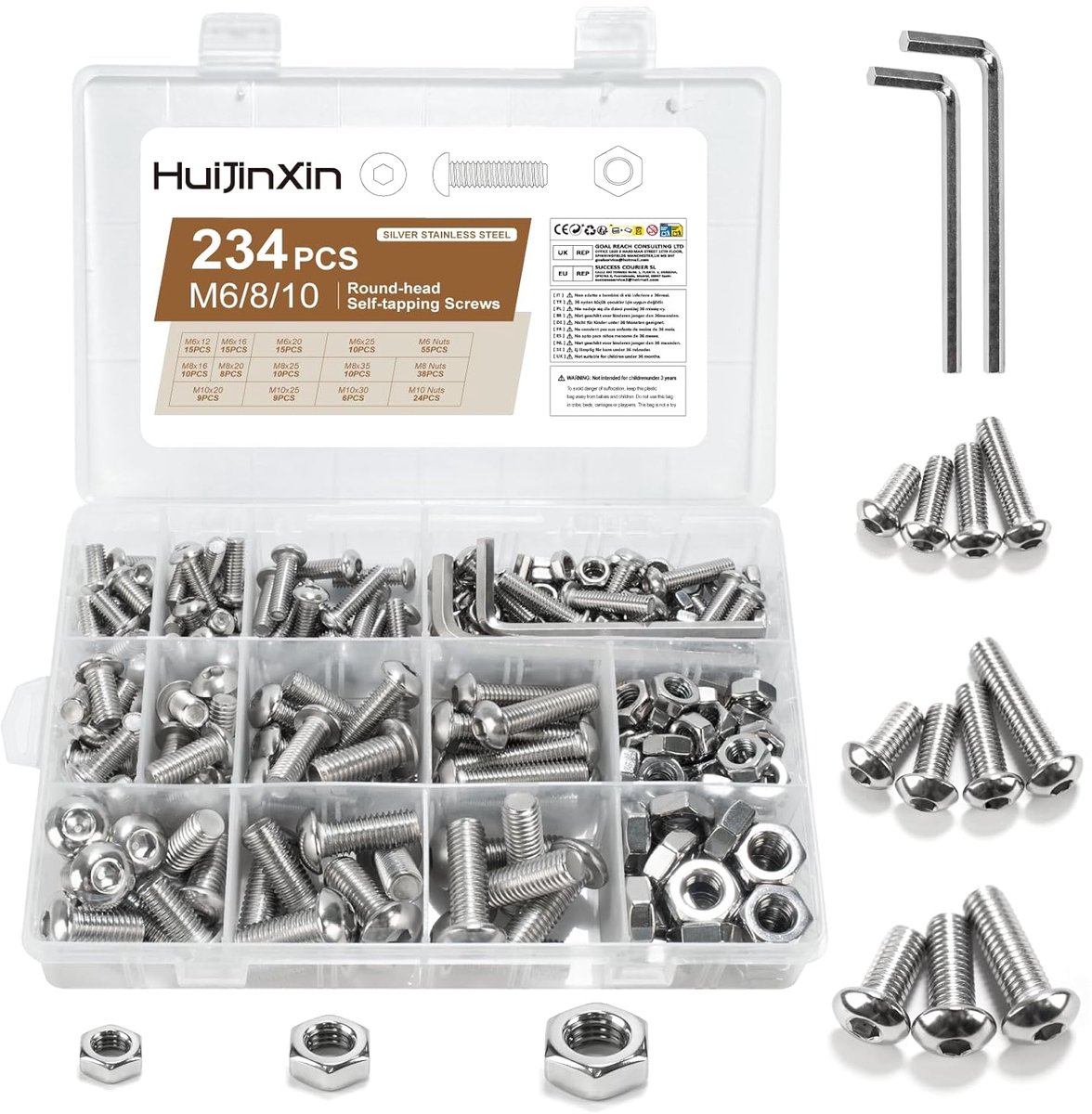 SnelShoppen - 234pcs M6 M8 M10 Schroeven Set Ronde Hoofd Hex Sleuf Schroeven Moeren RVS Machine Schroeven Assortiment voor Thuis, Auto en Werkplaats