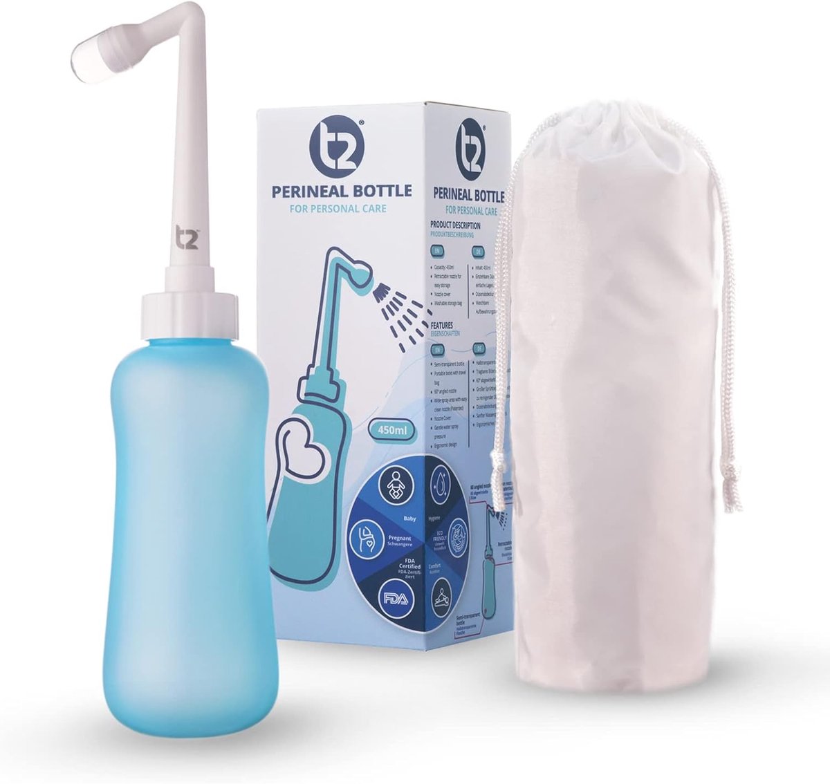 SnelShoppen - T2 Peri Bottle, Draagbaar Bidet voor Post Partum Zorg, Perineale Sprayfles 450ml met 60° Hoekmondstuk, Wasbare Opbergtas, Zwangerschapsp