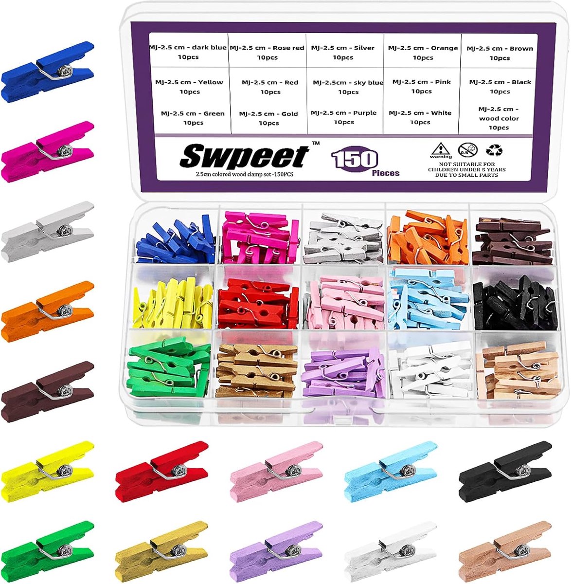 SnelShoppen - 150 Stuks Mini Houten Kledingknijpers - 15 Kleuren - 2.5cm - Sterke, Roestbestendige Klemmen voor Foto's, Knutselen en Decoraties