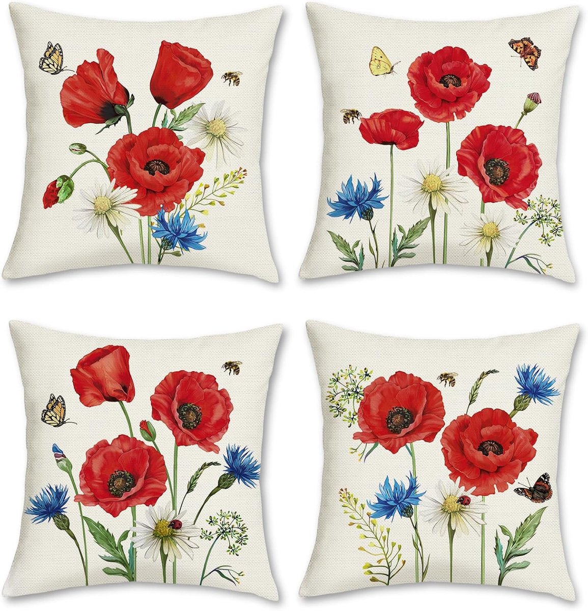 SnelShoppen - Set van 4 Rode Bloem Kussenhoezen 45x45cm - Polyester Linnen Decoratieve Sierkussens voor Bank, Slaapkamer, Binnen en Buiten