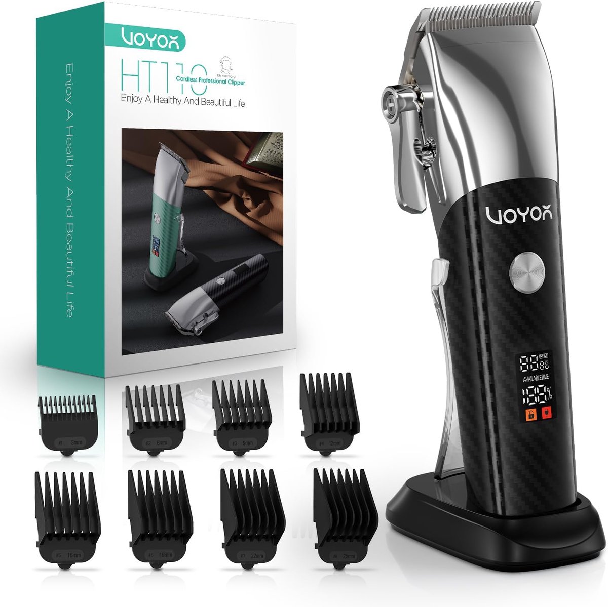 SnelShoppen - Professionele Haartrimmer voor Mannen - Draadloze Haarclipper en Baardverzorgingsset met LED Display, 8 Opzetkammen, Type-C Opladen voor