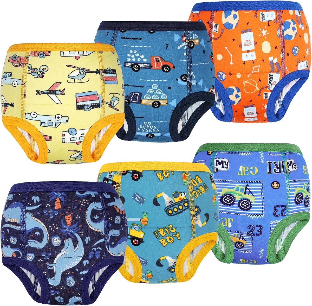 SnelShoppen - Comfortabele Leerbroekjes voor Jongens, 100% Katoen, Absorberend, Wasbaar, 6 Stuks, Blauw en Geel, Zindelijkheidstraining, 4 Jaar