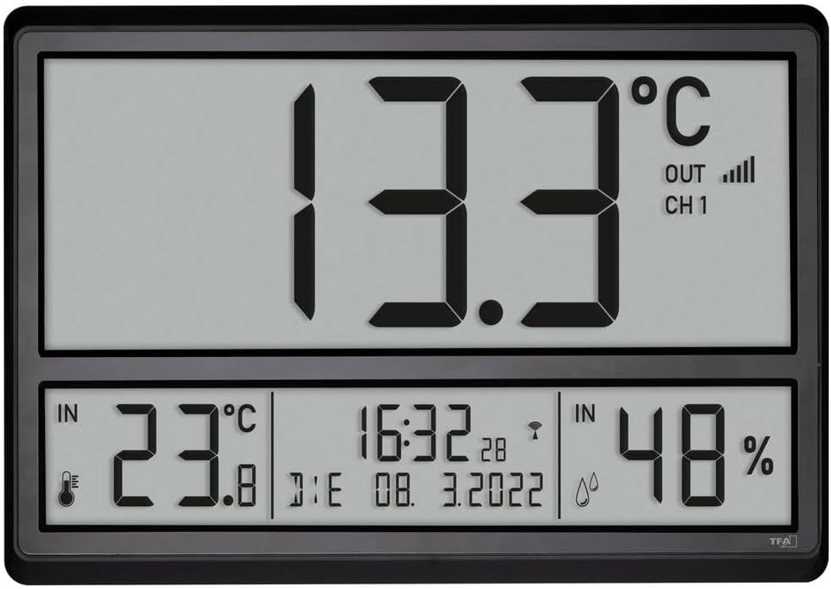 SnelShoppen - Digitale XXL Wandklok met Buiten- en Binnenklimaat, Alarm met Snooze, Grote Display, Zwart, 360x28x235 mm