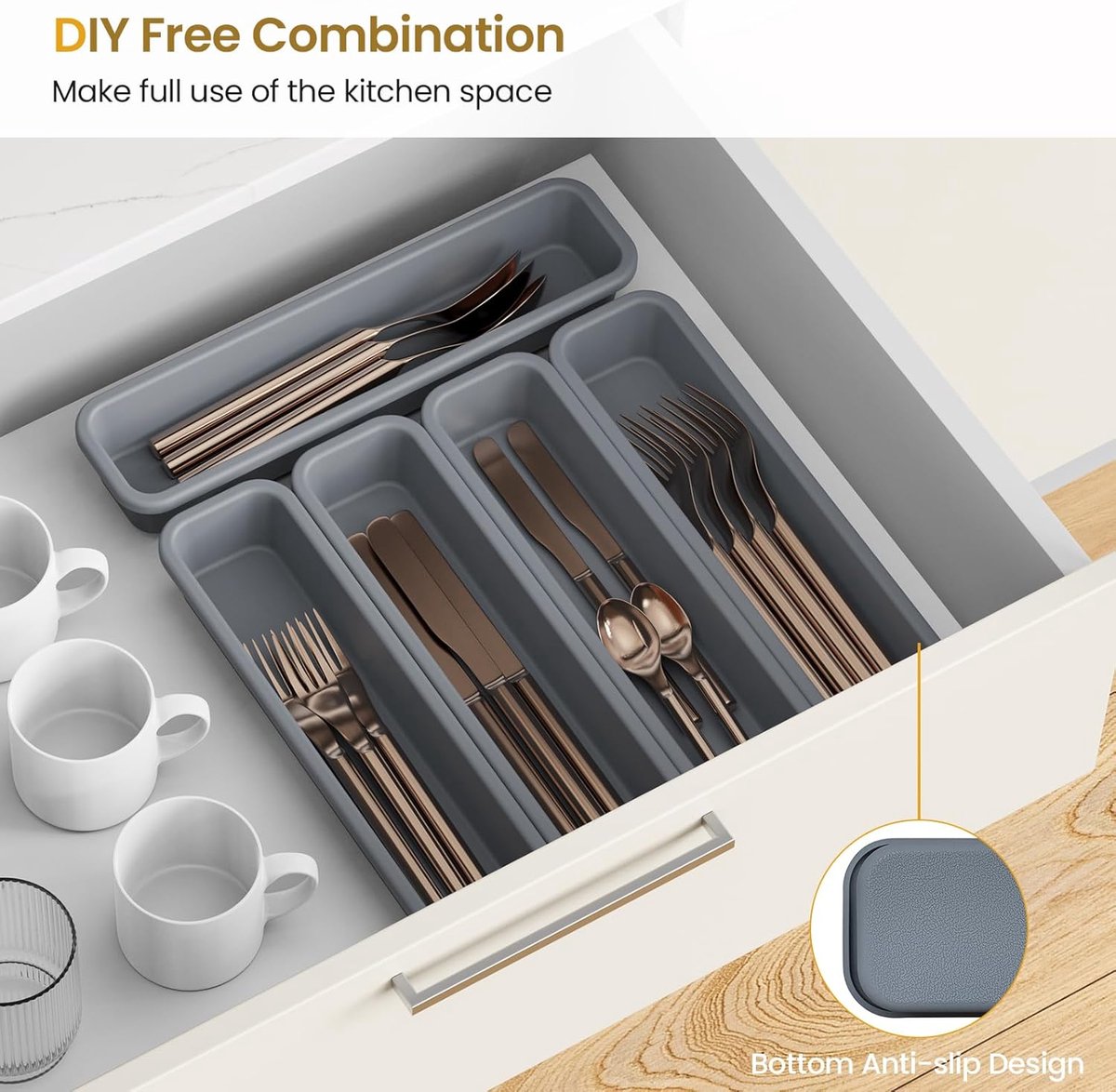 Thijox - Bestekbak voor laden, DIY lade-organizer, siliconen bestekorganizer, 6 stuks, vocht- en hittebestendig tot 200 °C, antislip, grijs, perfect v