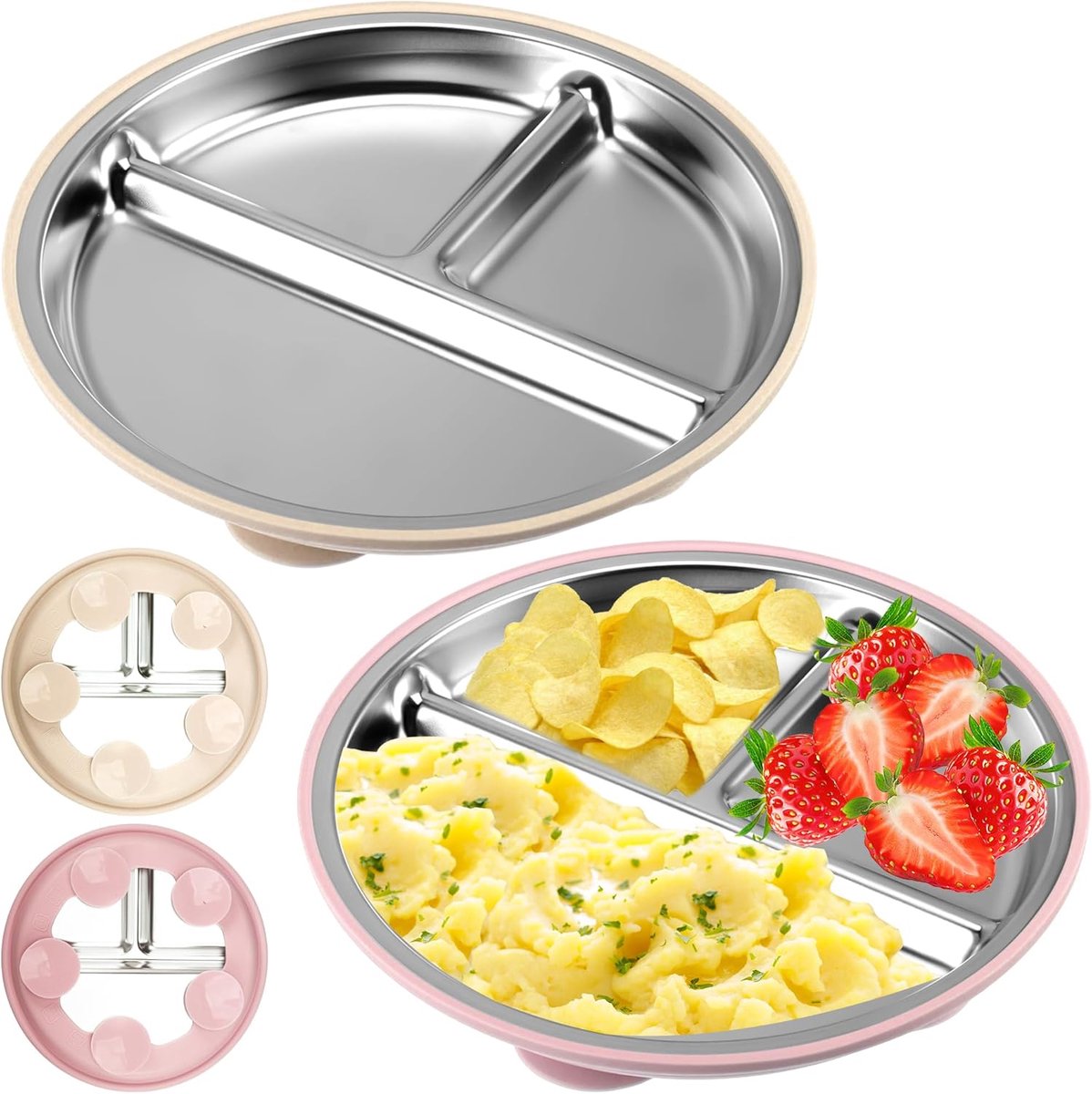 SnelShoppen - 2 Stuks Rvs Baby Borden met Zuignap 22 cm Kinderen Antislip Plate BPA Vrij Silicone Scheiding Baby Plate voor Hoogstoel en Eten