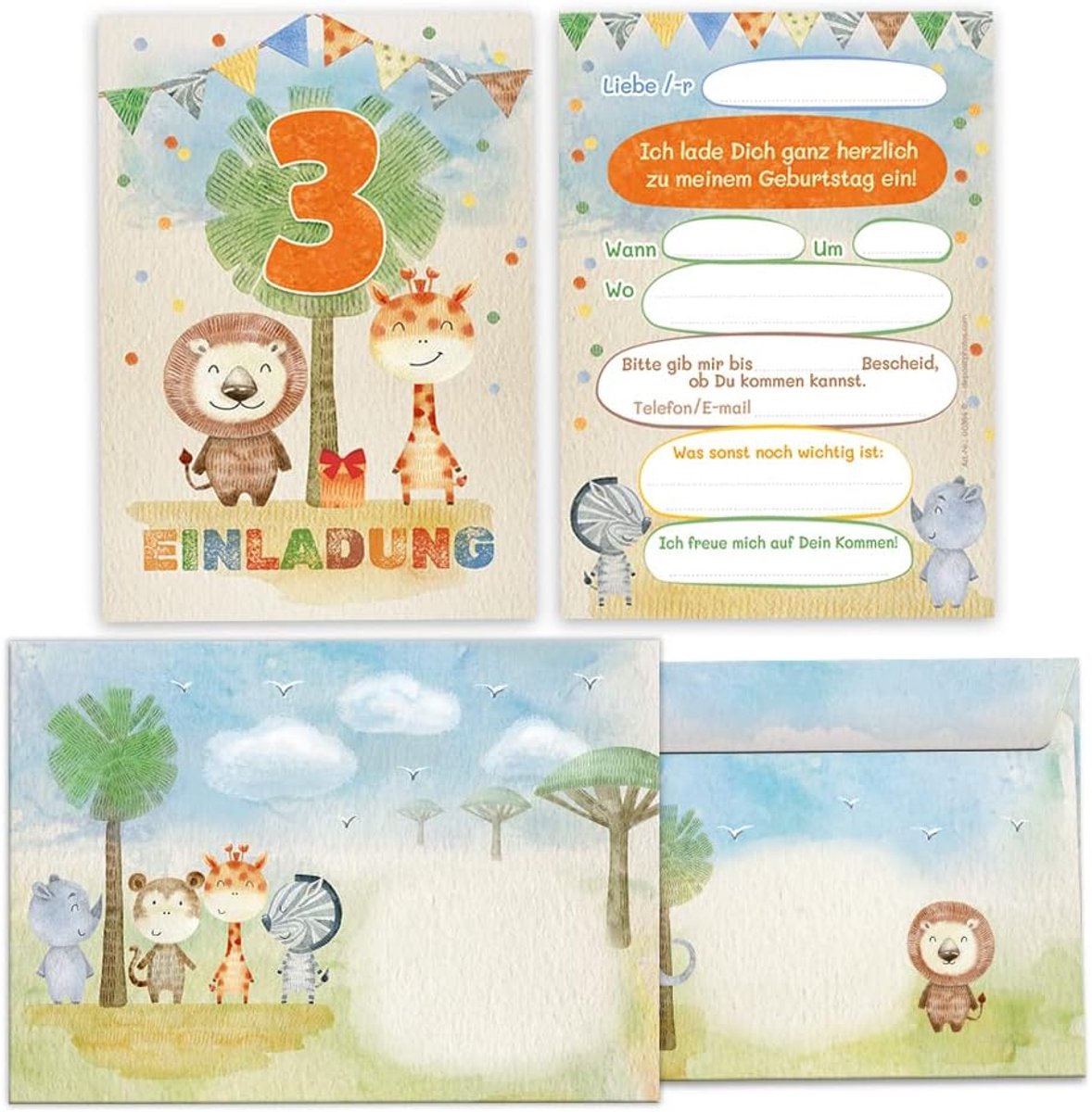 SnelShoppen - 12 Verjaardagsuitnodigingen voor 3e Verjaardag Inclusief 12 Enveloppen - Kinderen, Dieren, Feest, 10.5x14.8cm