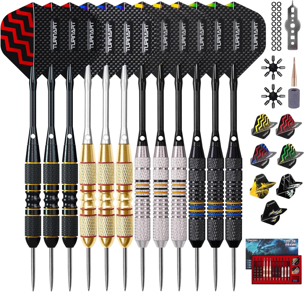 SnelShoppen - Professionele Steel Darts Set van 12 Stuks met Metalen Punt, Robuuste Flights, Shatterproof Aluminium Schachten voor Feest, Tuin of Comp