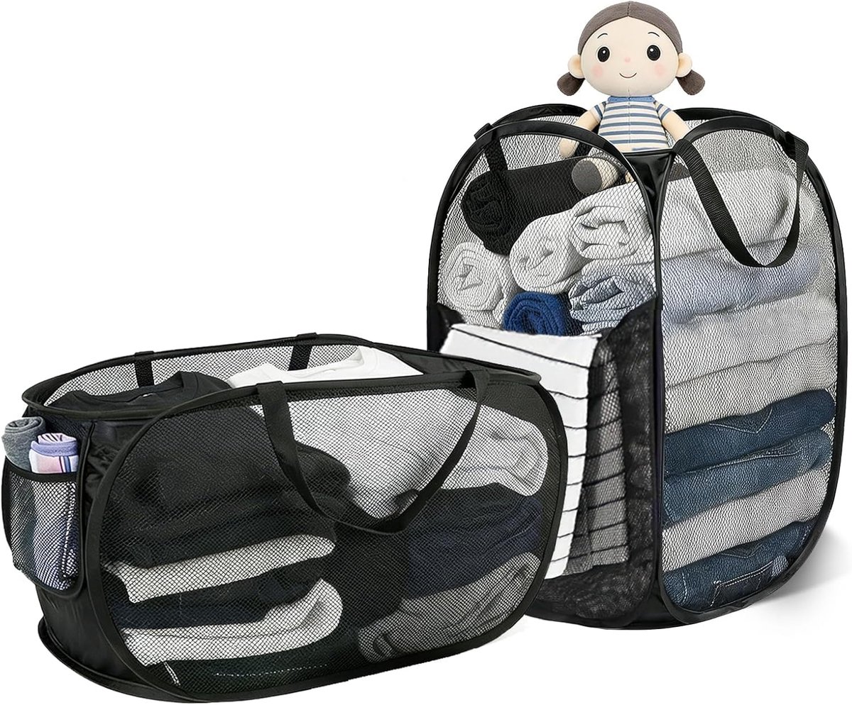 SnelShoppen - 2 Pack Grote Vouwbare Wasmanden 70-75L, Ademend en Met Handvat en Zijvak, Portable Vouwbare Wasmanden voor Badkamer, Slaapkamer, Camping