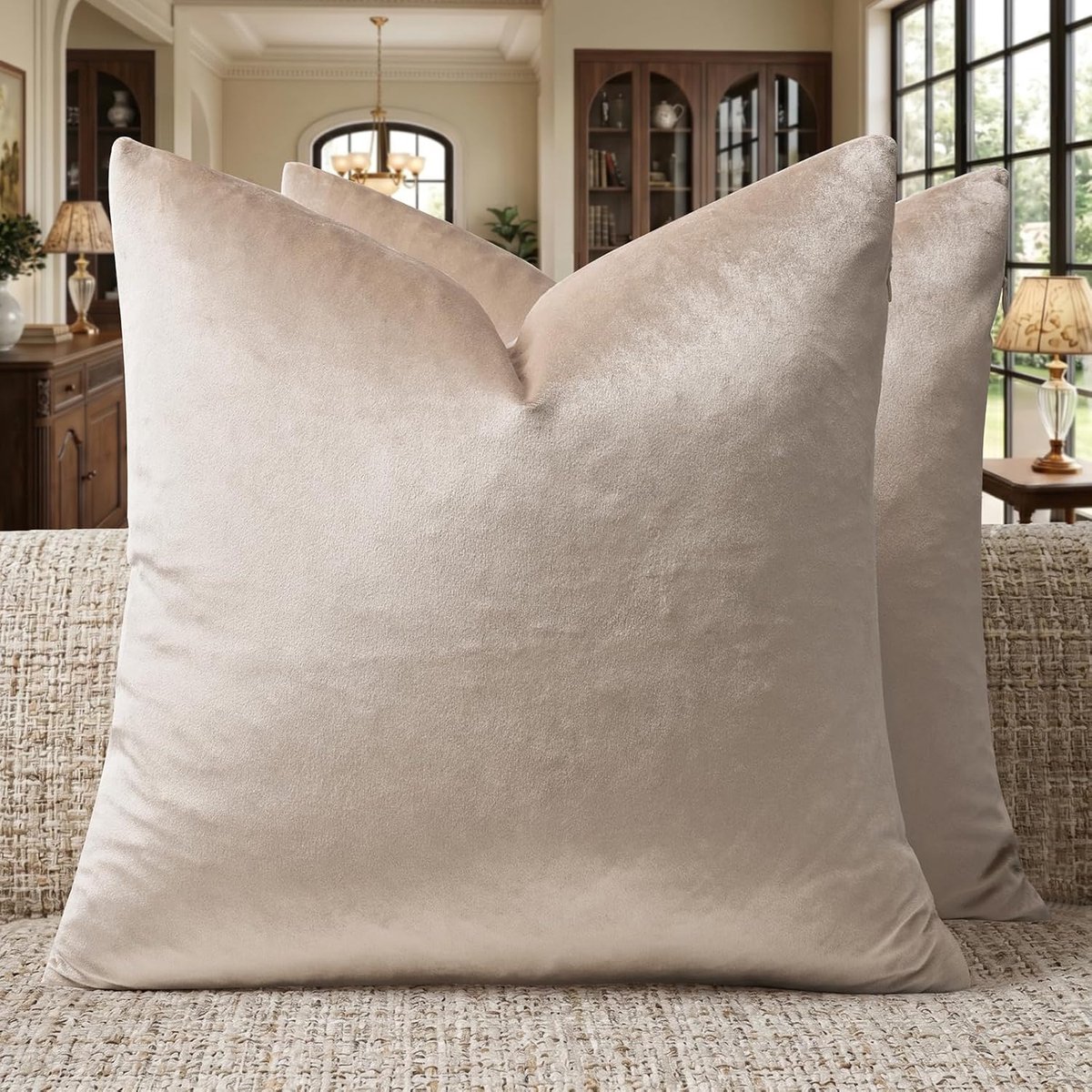 SnelShoppen - Decoratieve Sofa Kussensloop Set van 2 - 18x18 Inch Crème Velours Kussens - Luxe Farmhouse Stijl voor Woonkamer, Slaapkamer en Feestelij