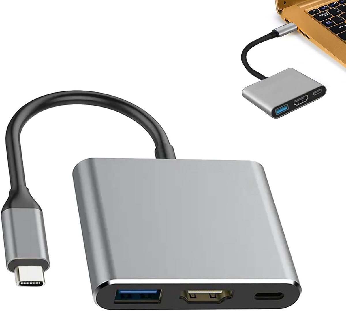 3-in-1 USB C naar HDMI Adapter met 4K UHD Output, USB 3.0 en Snellader voor Monitor en Projector, Geschikt voor MacBook Pro en Air