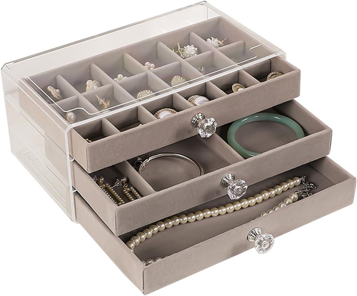Sieradenorganiser met 3 Laden - Transparante Velvet Sieradenbox voor Oorbellen, Ringen en Armbanden - Ideale Opbergoplossing voor Kettingen en Accessoires 23.5 x 13.5 x 10.5 cm