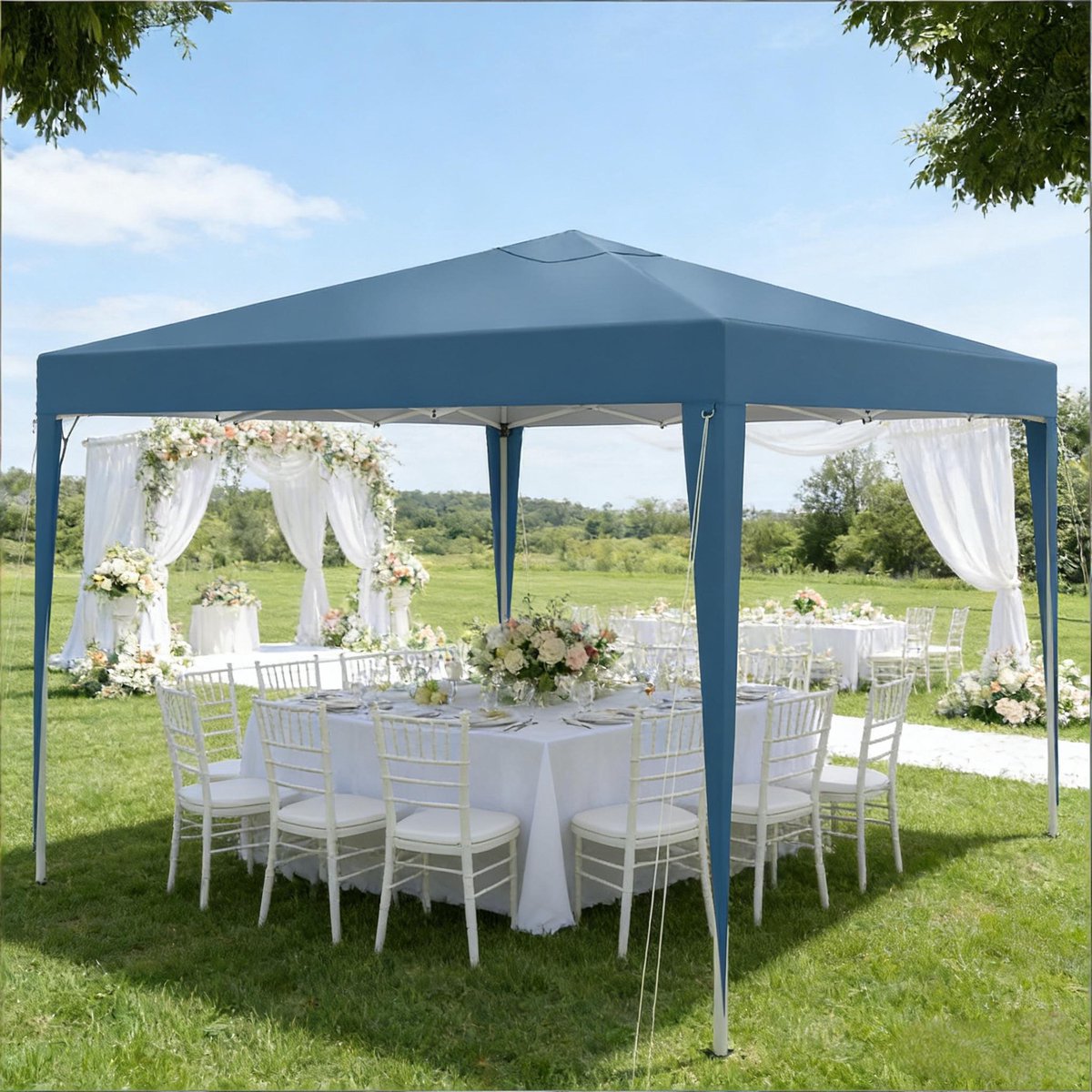 FloraGrace Partytent Verstelbaar 3 x 3 m Paviljoen 210D Oxford Stof Blauw Voor Tuin Terras Balkon En Buitenactiviteiten