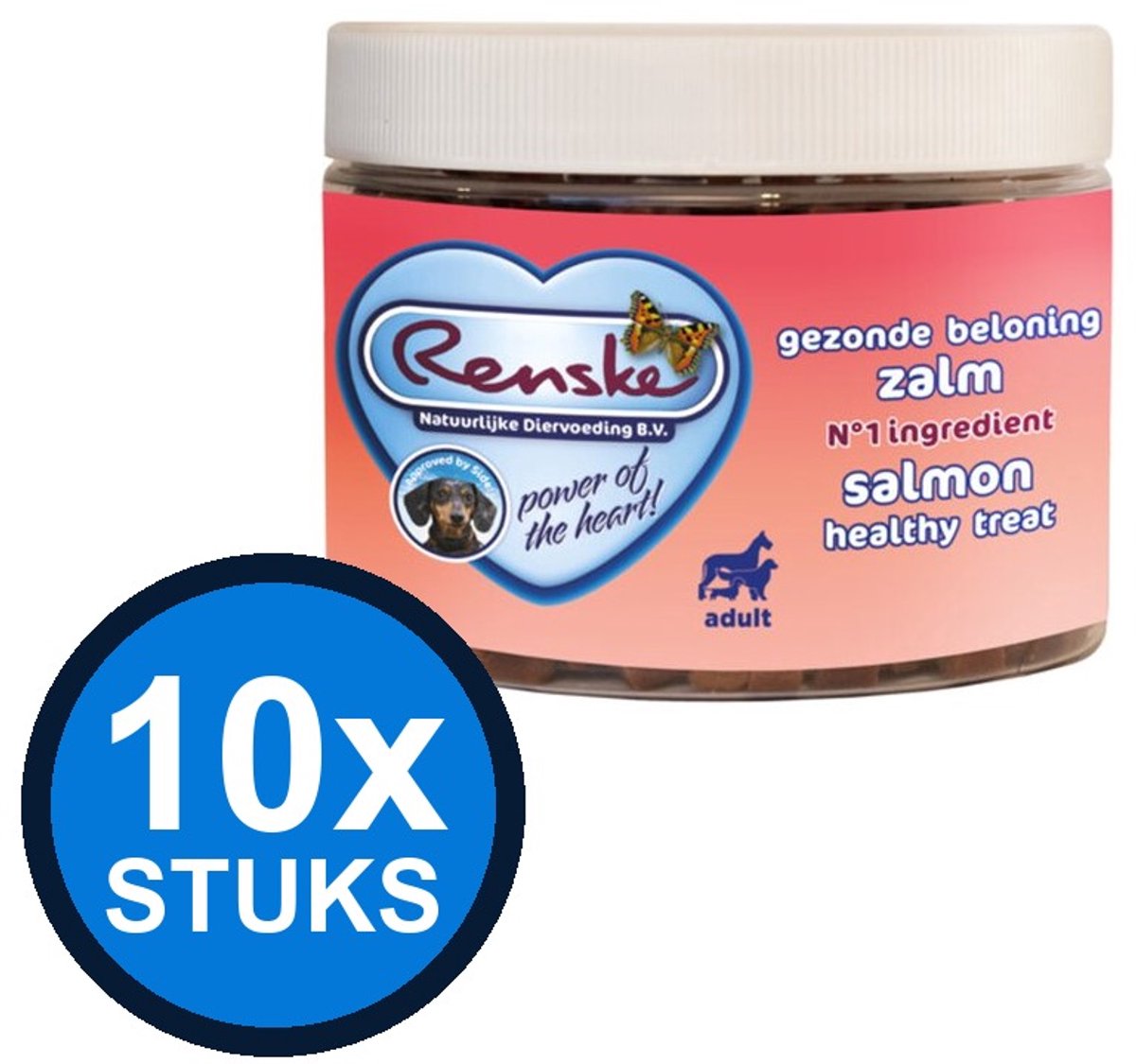 10x Renske - Gezonde beloning mini hartjes hond zalm 300gr - Hondenvoer Snacks - 300 g