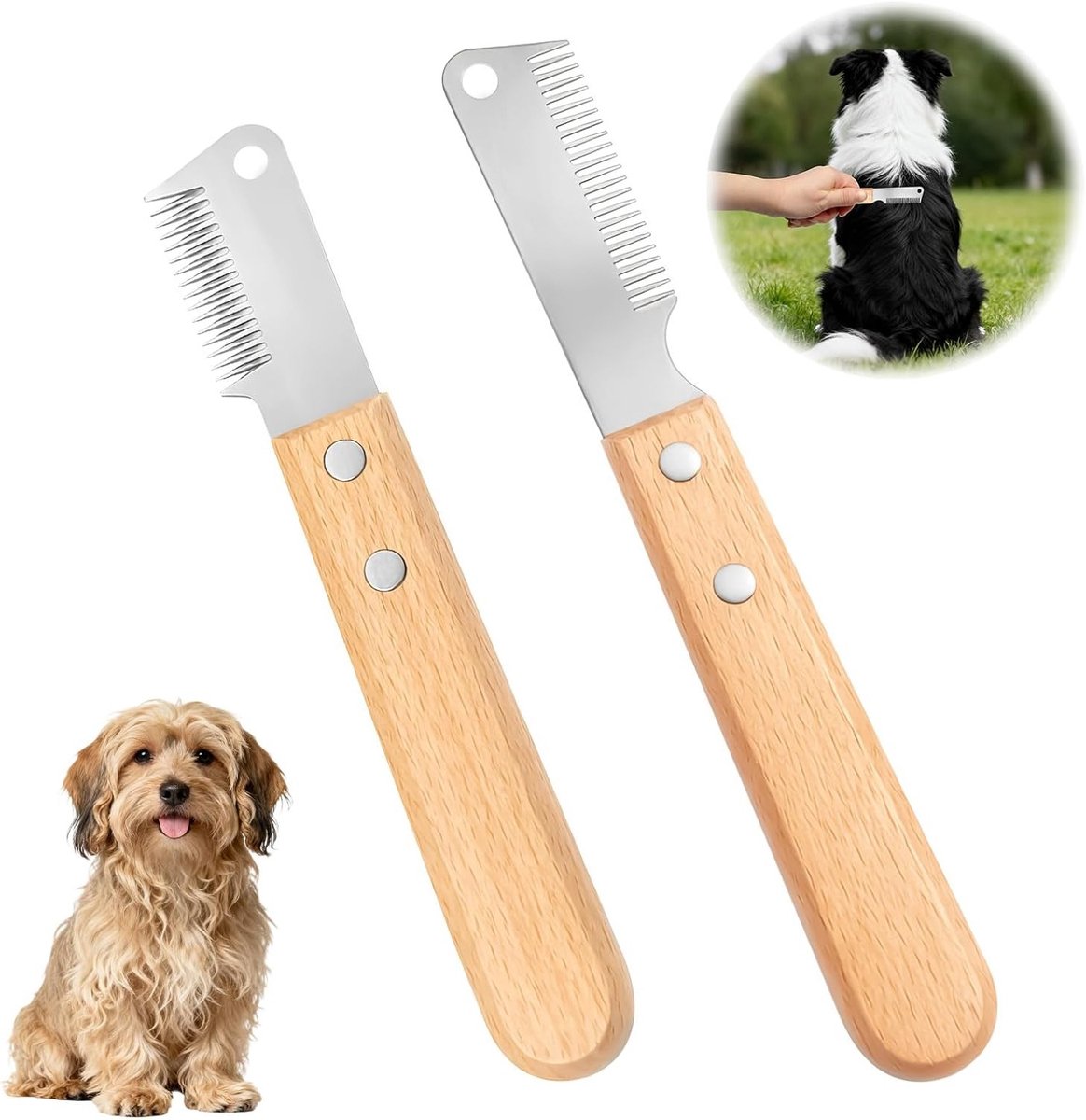 Set van 2 Trimmessen voor Honden, 17 cm Hondenverzorging, Honden Trimmer met Houten Handvat voor Thuis en Onderweg, Geschikt voor Diverse Huisdieren
