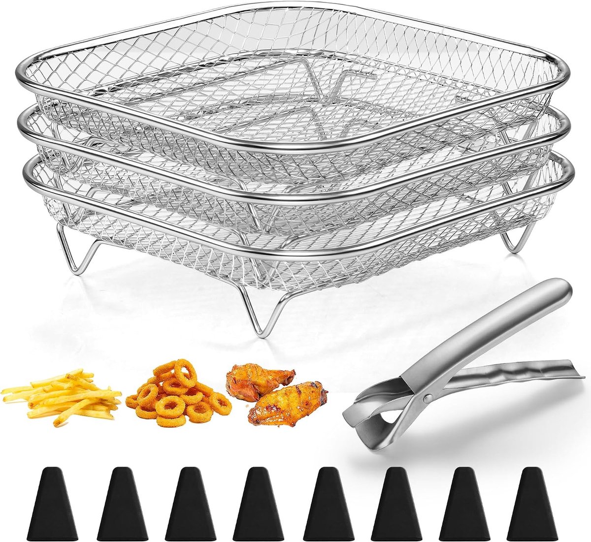 SnelShoppen Air Fryer Accessoires Set 3-laags RVS Frituurmand 19.5 cm met 8 Siliconen Voeten en Tangen Ideaal voor Snelle Bereiding van Friet G