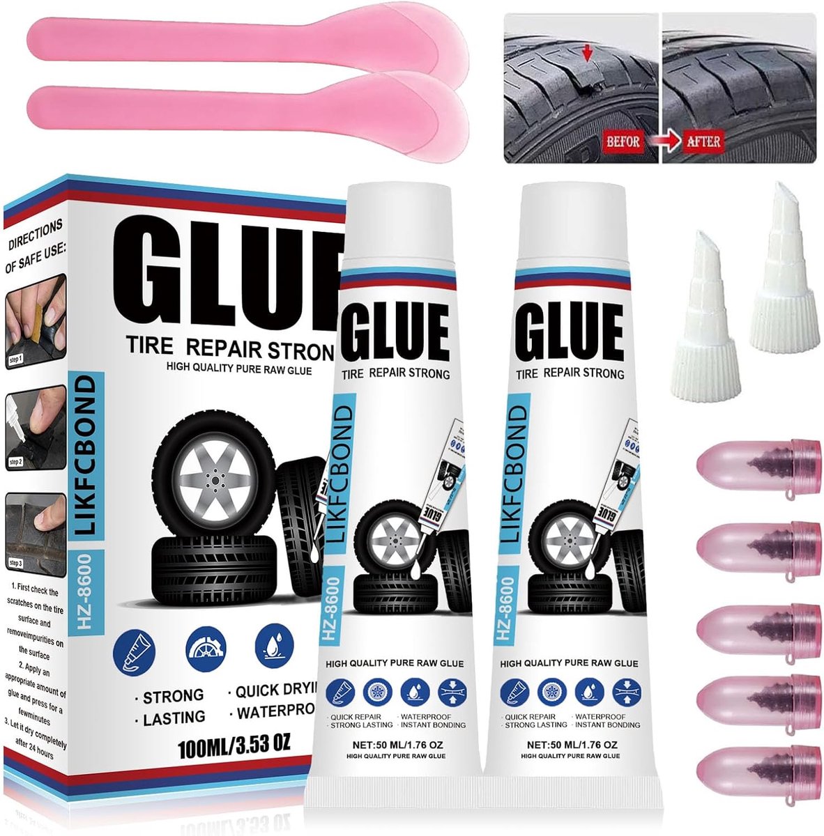 SnelShoppen - Car Tire Repair Kit - Zwarte Band Reparatie Rubber met Nozzle en Scraper - Snelle Herstel van Scheuren en Beschadigingen - Hoge Viscosit