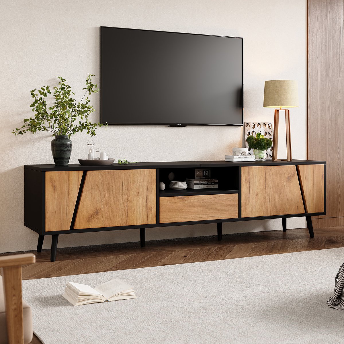 Clruro Tv-meubel - 180 × 40 × 46 cm - Spaanplaat - Zwart en Houtkleur