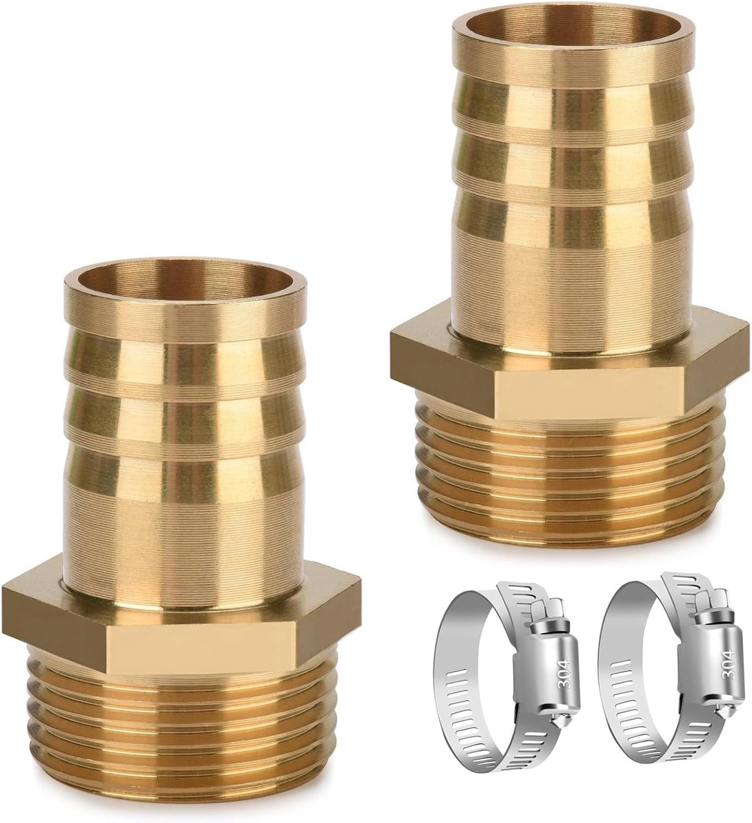 SnelShoppen - Pack van 2 Messing Slangkoppelingen 1 Inch, Slang Schroefverbinding 1 Inch AG x 32mm (1 1/4 Inch) met 2 Slangklemmen, Messing Slangconne