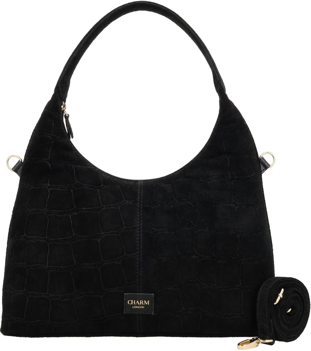 Charm London Cairo Schoudertas - Echt Suède - Crocoprint - Afneembare Schouderband - Dames Tas - Achterritsvak - Handtas - Crossbody - Leren Dames Tas - Zwart