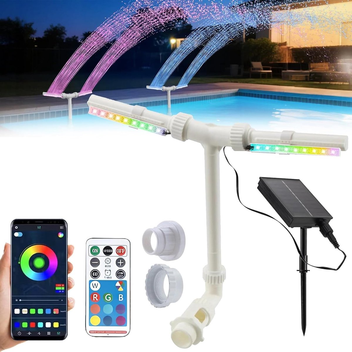 Zwembadfontein Op Zonne-Energie - Dubbele Waterval - Drijvende Fontein Op Zonne-Energie - Uitgerust met Afstandsbediening en Verstelbare Ledverlichting (7 Kleuren) - Geschikt Voor Zwembaden, Buitengebruik, Vijvers, Terrassen en Tuinaanleg