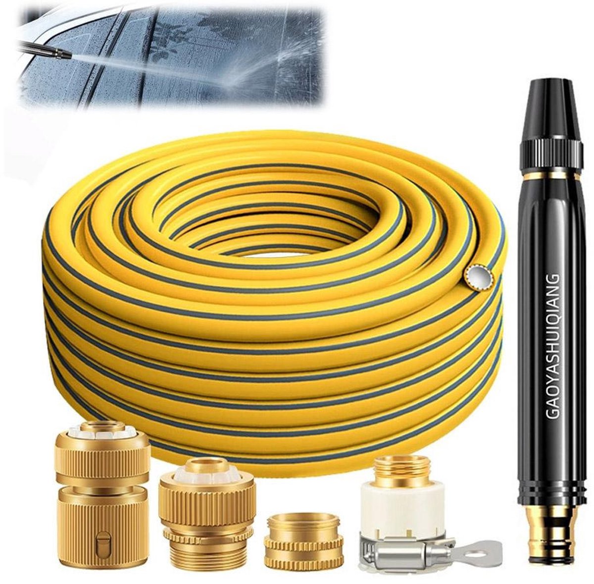 Hogedrukspuitpistool - Hogedruk Spuitpistool - Hogedruk Spuitpistool met slang - Tuinslang met Verstelbare Sproeikop - 4 Koppelingen – Waterslang van 5 meter - Waterpistool voor Auto Wassen, Tuin Bewatering, Terrasreiniging en Planten Water Geven