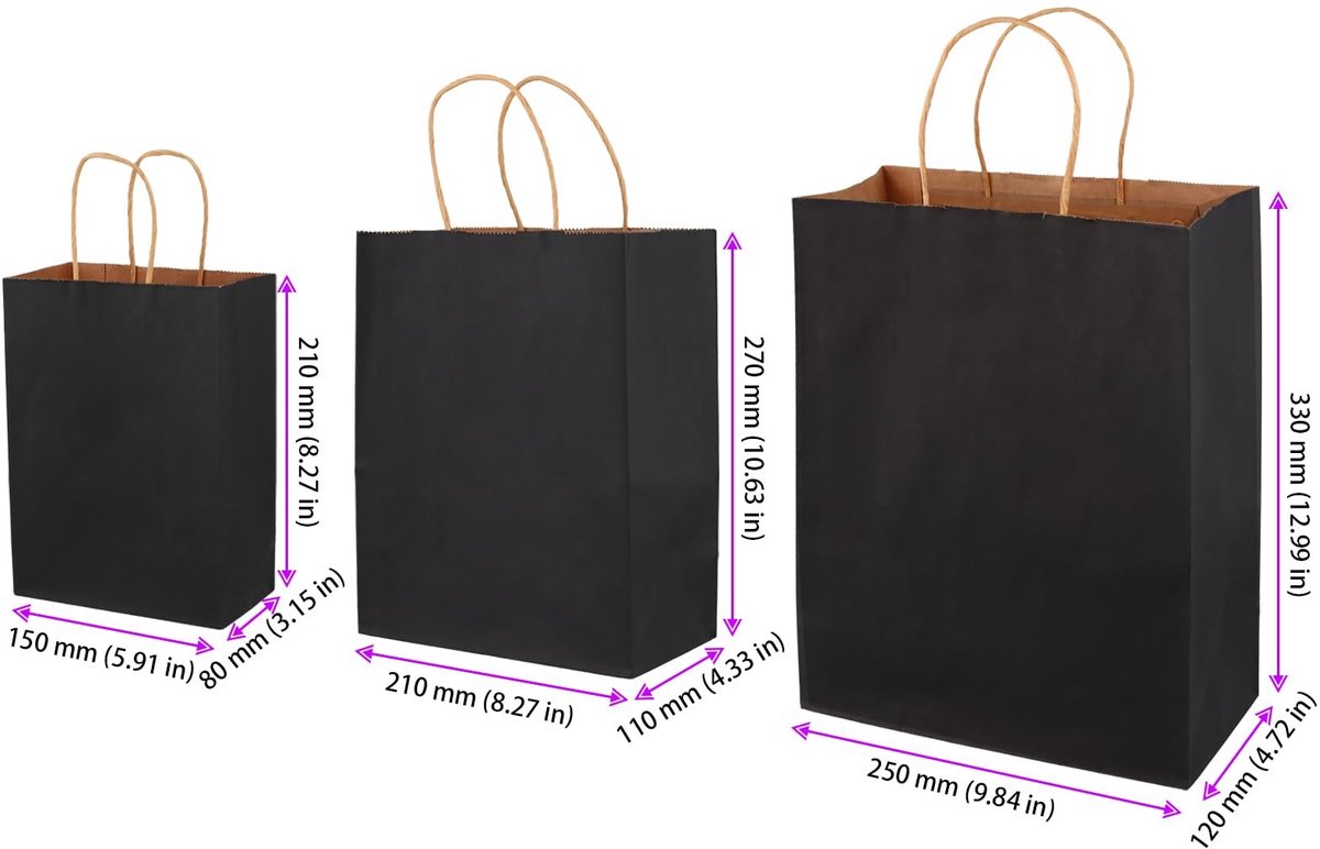 Dailygoods- Geschenkzakken 75 Stuks - Zwarte Papieren Zak - Handgrepen - Groot/Middelgroot/Klein - Versterkt - Perfect voor Cadeaus - Draagtas
