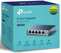 Doos van de TP-Link TL-SG105 5-poorts Gigabit Desktop Switch, met afbeelding van de switch en vermelding van kenmerken.