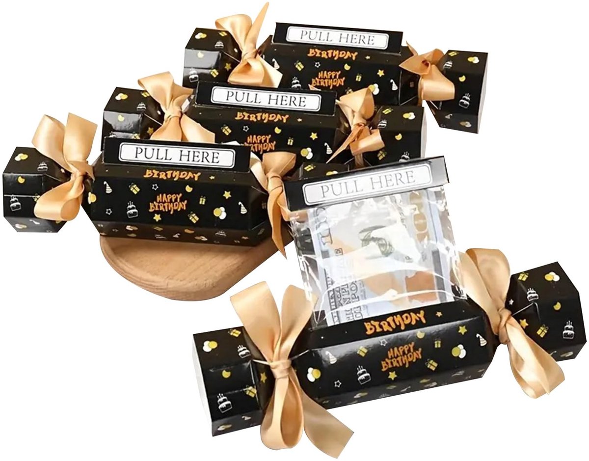 Dailygoods- Spaarpot Verjaardag - 4 Stuks - Geld Cadeau - Geschenkdozen - Uittrekkaart - Transparante Zakken - Snoepstijl - Cadeaubox