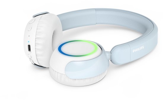 Lichtblauwe Philips koptelefoon, witte oorschelpen, verlichte cirkel, op een witte achtergrond