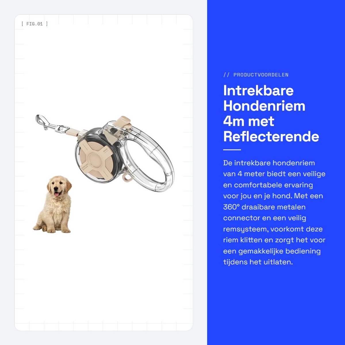 Dailygoods- Hondenriem 4m - 360° draaibare connector - Klitvrije intrekbare lijn - Reflecterende tape - Veilig remsysteem - Geschikt voor honden tot 20 kg - Hondentrekriem
