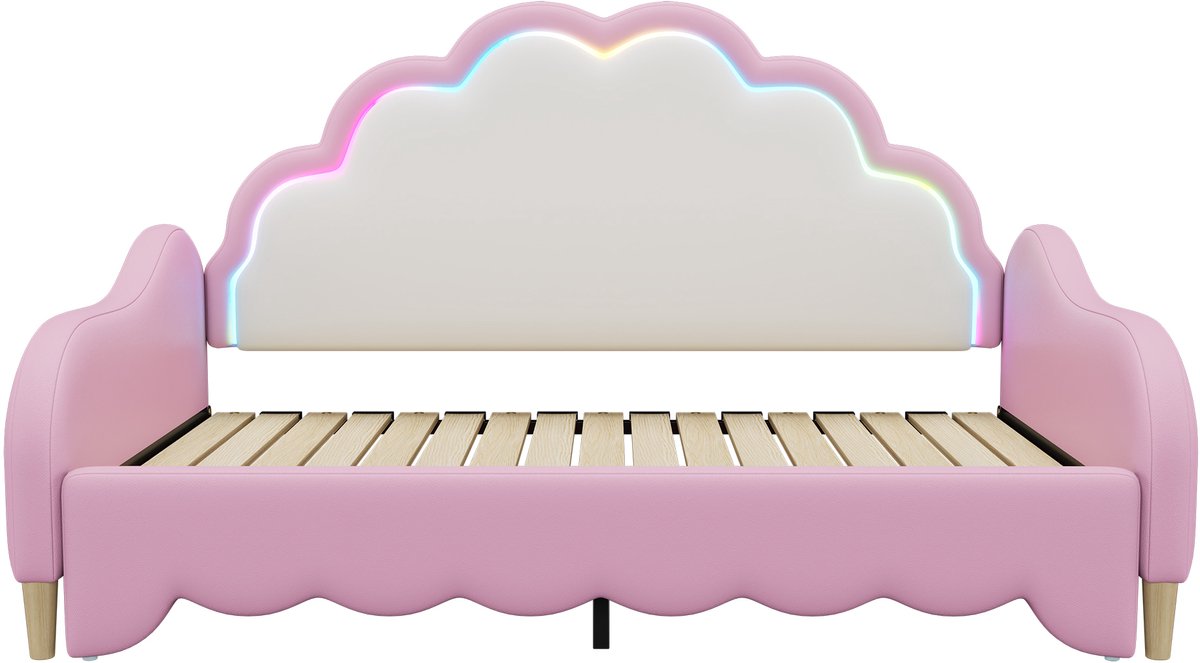 COVREO Slaapbank met LED-hoofdbord – 140x198 cm – Bedbank van PU en MDF – Tweepersoons bed voor slaap- of logeerkamer – Roze - zonder matras