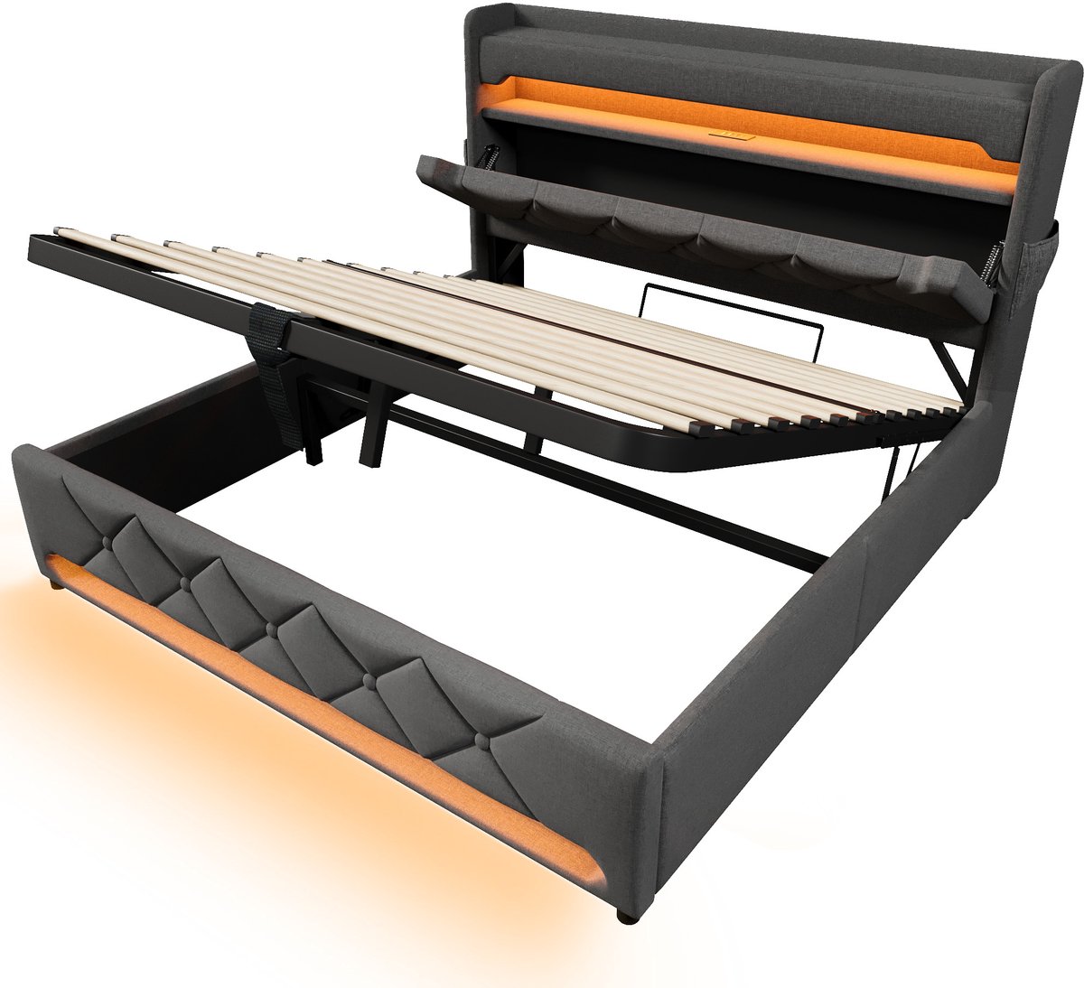 COVREO Bed met LED en opbergruimte – 146x225x111 cm – Tweepersoonsbed met USB en Type-C – Voor volwassenen – Grijs - met matras