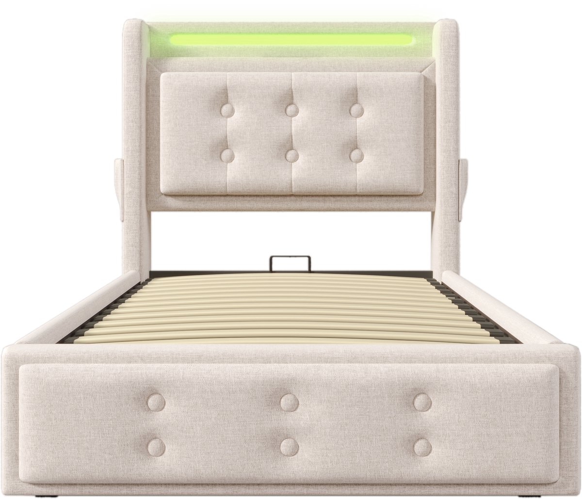 COVREO Bed 90x200 cm - met LED-hoofdbord, USB-C en opbergruimte, beige
