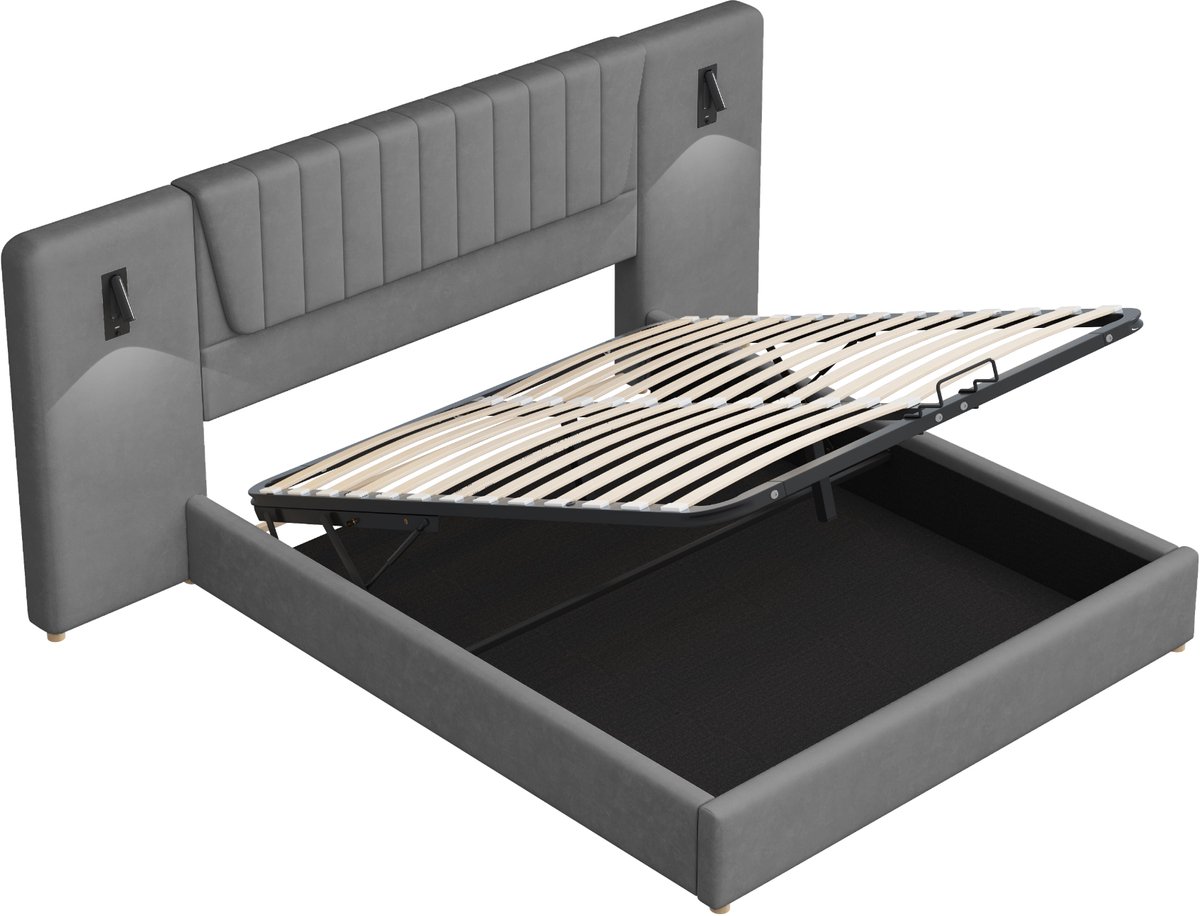 COVREO Bedframe 180x200 cm grijs, velours, opbergruimte, zonder matras
